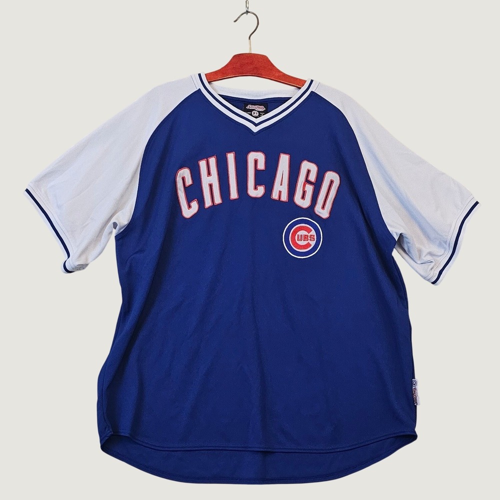 Stitches Chicago Cubs MLB Baseball Jersey Mens 2XL Blue White Raglan V-Neck MLB